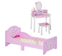HOMCOM Set per Bambini 3-6 Anni con Lettino per Bambini 143x73x60 cm Rosa | Tavolo da Trucco 60x34x93 cm, Sgabello 30x24x30.5 cm