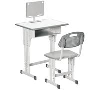 HOMCOM Set Scrivania e Sedia per Bambini 6-12 Anni ad Altezza Regolabili, Banco Scuola con Cassetto, Gancio, Portapenne e Leggio, Set Banco con Sedia per Bambini in Acciaio e MDF, Grigio