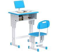 HOMCOM Set Scrivania e Sedia per Bambini 6-12 Anni ad Altezza Regolabili, Banco Scuola con Cassetto, Gancio, Portapenne e Leggio, Set Banco con Sedia per Bambini in Acciaio e MDF, Blu