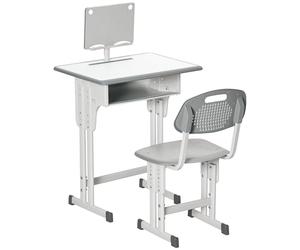 HOMCOM Set Scrivania e Sedia per Bambini 6-12 Anni ad Altezza Regolabili, Banco Scuola con Cassetto, Gancio, Portapenne e Leggio, Set Banco con Sedia per Bambini in Acciaio e MDF, Grigio