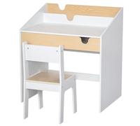 HOMCOM Set Scrivania e Sedia per Bambini, Tavolo con Cassetto e Scaffale, Mobili per Cameretta con Angoli Arrotondati, per Età 6-10 Anni, Bianco e Legno