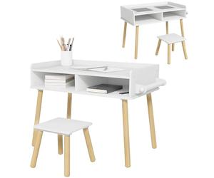 HOMCOM Set Tavolino per Bambini con Sgabello Abbinato, Banchetto Scuola con Superficie per Costruzioni, Piano Liscio e Rotolo di Carta, Bianco