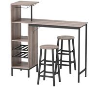HOMCOM Set tavolo da bar 3 pezzi con ripiani, portabottiglie, portabicchieri e 2 sgabelli con poggiapiedi, Grigio Aosom Italy
