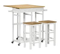 HOMCOM Set tavolo da bar, carrello da cucina, tavolo da cucina, pieghevole, ruote + 2 sgabelli, bianco e legno chiaro, 2 cassetti e portastrofinacci