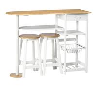 Homcom Set tavolo da bar con 1 cassetto 2 ripiani Cestino rimovibile e portabottiglie Set di mobili con tavolo alto 119X38,5X88,5 cm e 2 sgabelli 29X29X55 cm per sala da pranzo Cucina Bianco