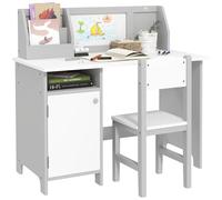 HOMCOM Set Tavolo e Sedie per Bambini 5-8 Anni in Legno con Banco Scuola, Set di Mobili per Bambini con Spazio Portaoggetti e Lavagna Bianca e Sedia, Bianco e Grigio