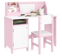 HOMCOM Set Tavolo e Sedie per Bambini 5-8 Anni in Legno con Banco Scuola, Set di Mobili per Bambini con Spazio Portaoggetti e Lavagna Bianca e Sedia, Bianco e Rosa