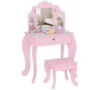 HOMCOM Set Toeletta Trucco Bambina 2 in 1 con Sgabello e Triplo Specchio | Postazione Trucco in Legno, Cassetto, Bordi Arrotondati, Tavolo Trucco per Bimbi 3-6 Anni, per Cameretta, Rosa