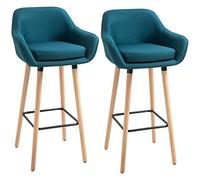 HOMCOM Sgabelli da bar design scandinavo - Set di 2 sgabelli da bar Grand Confort con poggiapiedi e braccioli, in legno massiccio lino blu