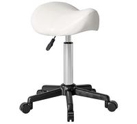HOMCOM Sgabello con ruote, sgabello da massaggio con altezza regolabile 45-57 cm e sella ergonomica, sedia da lavoro girevole a 360°, per salone massaggi, tatuaggio, clinica, spa, bianco