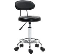 HOMCOM Sgabello Regolabile Girevole a 360°, Sgabello da Estetista con Schienale, Ruote e Poggiapiedi, in Acciaio, Finta Pelle, 32x40x70-86 cm, Nero