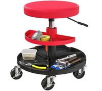 HOMCOM Sgabello da Officina con Ruote da 6 cm Sgabello da Meccanico Rosso | Altezza Regolabile 40-51 cm, Sedile Imbottito Robusto, Vassoi Porta Utensili, Capacità 135 kg