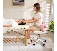 HOMCOM Sgabello per Parrucchiere ad Altezza Regolabile con Rotelle Girevoli e Schienale ad Arco, Sgabello Moderno in Tessuto Teddy, 50x50x63-77 cm, Bianco e Rosa Scopri il piacere di lavorare con il n