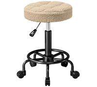 HOMCOM Sgabello rotondo girevole con ruote Altezza regolabile 50-66 cm Seduta imbottita in tessuto di pile per saloni officine Spa Massaggi Marrone chiaro