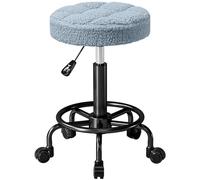 HOMCOM Sgabello rotondo girevole con ruote Altezza regolabile 50-66 cm Seduta imbottita in tessuto di pile per saloni officine Spa Massaggio Blu