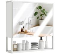 HOMCOM Specchio Bagno Contenitore a Parete con Soft Close, Mobile Bagno con Specchio, Mensola Regolabile e Ripiano Aperto, Specchiera Bagno in Legno e Acciaio, 60x16x60 cm, Bianco