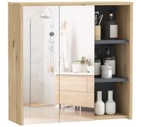 HOMCOM Specchio Bagno Contenitore con 2 Ante, 60x20x60 cm Mobile Bagno con Specchio, Scomparto Aperto, Mobiletto Bagno da Parete Salvaspazio in Vetro, Naturale