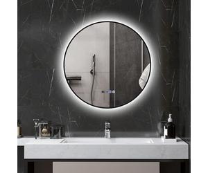 HOMCOM Specchio da Bagno con Luce LED Regolabile, Specchio Rotondo Anti Nebbia 70 cm, Specchio da Parete con Smart Touch con Display Ora e Temperatura e Funzione Memoria, IP44, Nero