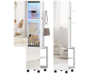HOMCOM Specchio Porta Gioielli con Luci LED Armadio per Gioielli a Giro di 360° Serratura e Chiavi Superficie Bianca e Rivestimento Beige Aosom Italy