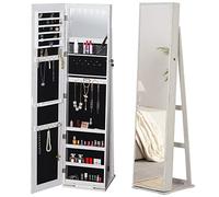 HOMCOM Specchio Portagioie a Illuminazione LED con 4 Scaffali e Spazi Portaoggetti, Armadietto Portagioie per Gioielli in MDF e Vetro, Porta Richiudibile a Chiavi, 38x38x157 cm, Bianco