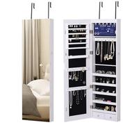 HOMCOM Specchio Portagioie con 6 Luci LED e Spazi Portaoggetti Dedicati, Armadio Portagioie con Specchio in Legno e Vetro, 37x10x120 cm, color Legno Bianco