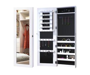 HOMCOM Specchio Portagioie da Parete con Ganci 37x9.5x112 cm Bianco | Scompartimenti in Legno, Armadietto Portagioie con Specchio, Mobiletto per Collane, per Orecchini e Anelli