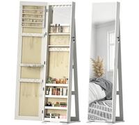 HOMCOM Specchio portagioie da terra con luci a LED e serratura armadio con specchio integrato per camera da letto bianco con venatura di legno