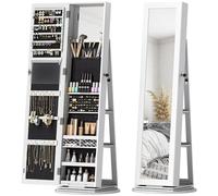 HOMCOM Specchio Portagioie Girevole a 360°, Armadietto Portagioie con Serratura con Chiave, Specchio a Figura Intera con 3 Ripiani sul Retro e 2 Cassetti, 55x55x161 cm, Bianco