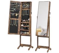 HOMCOM Specchio portagioie in piedi armadio di gioielli con 3 angoli regolabili serratura magnetica organizer di gioielli con ripiani per orecchini anelli collane 46 x 36,5 x 151,5 cm, marrone rustico