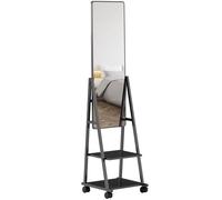 HOMCOM Specchio Verticale con 2 Ripiani e 4 Rotelle, 42x37x155 cm, Nero