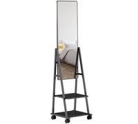 HOMCOM Specchio Verticale con 2 Ripiani e 4 Rotelle, 42x37x155 cm, Nero | Specchio da Terra, Ripiani Contenitori, in Acciaio e Truciolato