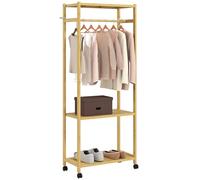 HOMCOM Stand Appendiabiti da Terra con Barra e 4 Ruote, Attaccapanni da Terra Salvaspazio con Ripiani Inferiori in Bambù, per Soggiorno, Camera da Letto, 70x35x175 cm, Legno Naturale