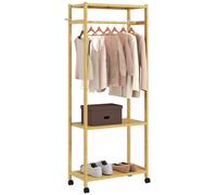 HOMCOM Stand Appendiabiti da Terra con Barra, Ripiani e 4 Ruote in Bambù