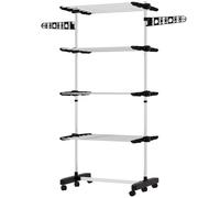 HOMCOM Stendibiancheria Pieghevole in Acciaio Inox e Plastica, Stendino Verticale Salvaspazio Estensibile a Torre con 6 Ruote, Ganci e 4 Ripiani Regolabili per Interni, 142x55x172 cm, Nero Argento