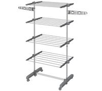 HOMCOM Stendibiancheria Pieghevole in Acciaio Inox e Plastica, Stendino Verticale Salvaspazio Estensibile a Torre con 6 Ruote, Ganci e 4 Ripiani Regolabili per Interni, 142x55x172 cm, Grigio Argento