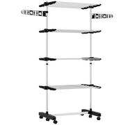 HOMCOM Stendibiancheria Pieghevole in Acciaio Inox e Plastica, Stendino Verticale Salvaspazio Estensibile a Torre con 6 Ruote, Ganci e 4 Ripiani Regolabili per Interni, 142x55x172 cm, Nero Argento