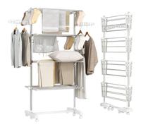 HOMCOM Stendibiancheria Verticale a Torre 4 Livelli 142x55x172cm Bianco | Regolabili, Stendino Pieghevole Salvaspazio Estensibile, Acciaio Inox, 6 Ruote, Ganci, Grande Capacità, Interni, Balcone