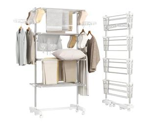 HOMCOM Stendibiancheria Verticale a Torre 4 Livelli 142x55x172cm Bianco | Regolabili, Stendino Pieghevole Salvaspazio Estensibile, Acciaio Inox, 6 Ruote, Ganci, Grande Capacità, Interni, Balcone