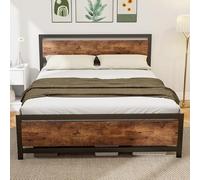 HOMCOM Struttura letto matrimoniale in acciaio 200 x 160 cm con rete a doghe e testata compatibile con materasso effetto legno scuro