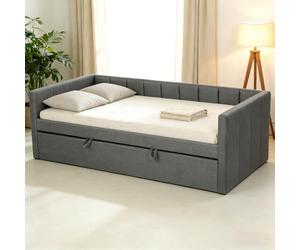 HOMCOM Struttura Letto Singolo 90x190 cm, Divano con Secondo Letto Estraibile, Testiera Imbottita, Braccioli, Rete a Doghe in Pioppo, per Camera Soggiorno Ospiti, Senza Materasso, Grigio Scuro