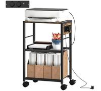 HOMCOM Supporto stamp. 3 ripiani con ruote 42x28x64,5cm Marrone rustico | Organizzatore da scrivania in acciaio con prese, tavolo, supporto e carrello, per fax e scanner.