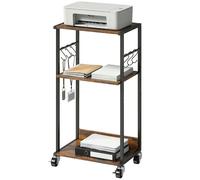 HOMCOM Carrello Porta Stampante a 3 Livelli, Supporto Stampante con Ruote con Freno e 6 Ganci, Salvaspazio in Metallo e Legno, per Casa, Studio, Ufficio, Industriale, 43x30x82cm, Marrone Rustico