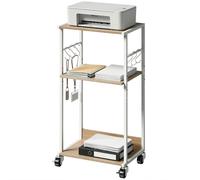 HOMCOM Carrello Porta Stampante a 3 Livelli, Supporto Stampante con Ruote con Freno e 6 Ganci, Salvaspazio in Metallo e Legno, per Casa, Studio, Ufficio, Industriale, 43x30x82cm, Color Legno
