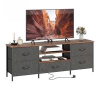 HOMCOM supporto TV 140 cm, supporto TV per televisori fino a 65", stazione di ricarica, 5 cassetti in tessuto, ripiani aperti e struttura in acciaio, panca TV per soggiorno, camera da letto, marrone