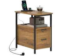 HOMCOM Tavolino, comodino, con 2 prese, porta USB, tipo C, 2 cassetti e ripiano, cavo da 143 cm, struttura in metallo, legno naturale