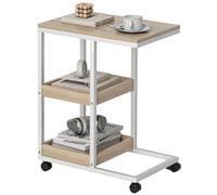 HOMCOM Tavolino con ruote Tavolino per divano a forma di C con 2 ripiani aperti, struttura in acciaio, per soggiorno, camera da letto, 51x33x66 cm, naturale e bianco