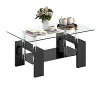 HOMCOM Tavolino da Caffè Moderno a 2 Livelli in Vetro e Legno 90x50x42cm