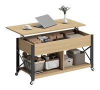 HOMCOM Tavolino da caffè sollevabile con rotelle, tavolino da caffè con portaoggetti nascosti, ripiani aperti, tavolino da caffè per sala da pranzo, ufficio, 105x50x67 cm, legno naturale e bianco