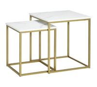 HOMCOM Tavolino da Salotto Set 2 Pezzi Impilabile con Piano Effetto Marmo in Truciolato e Struttura in Acciaio, 45x45x50 cm e 37x37x43 cm, Bianco e Oro