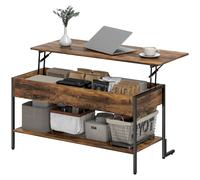HOMCOM Tavolino da Caffè Sollevabile con Vano Nascosto e Ripiano Inferiore, Tavolino da Salotto in Stile Industriale in Legno e Metallo, Marrone Rustico